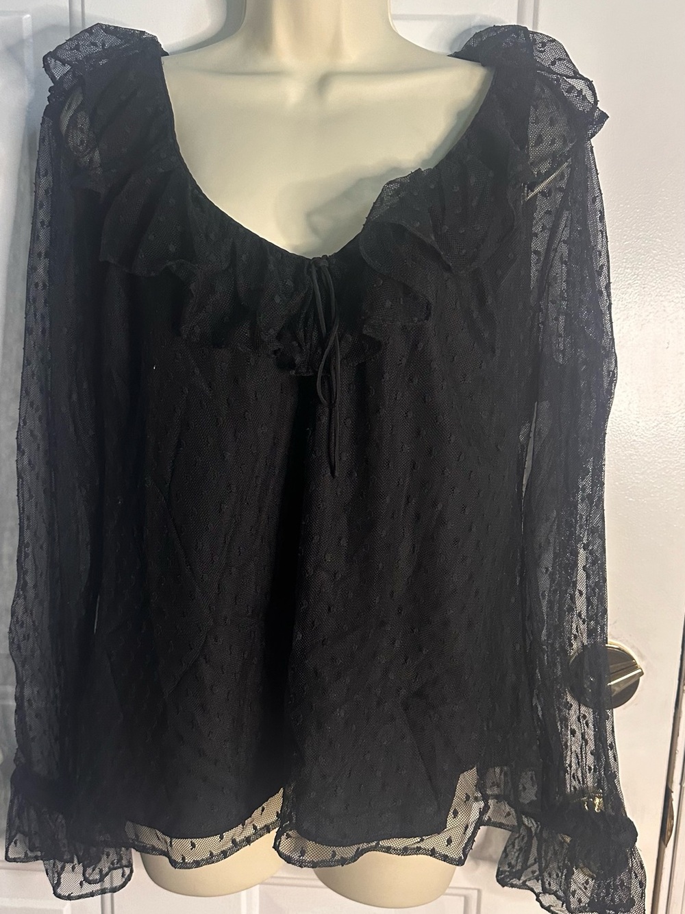 J. Crew Black Sheer Swiss Dot Ruffle Neck Blouse